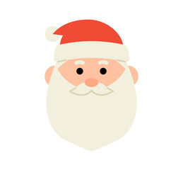 Cartoon style Santa Claus face illustration on white background. Flat vector clip art for Christmas.