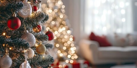 Soft focus of Christmas tree and decorations , copy space , ai