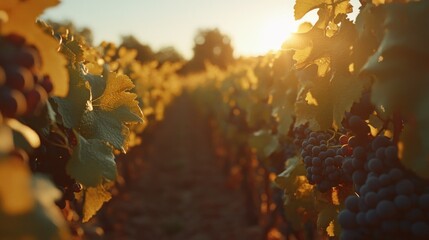A scenic view of a vineyard at sunset, with ripe grapes hanging from the vines.