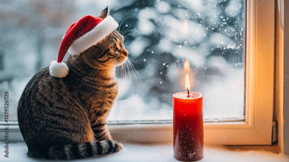 Poster a striped cat adorned with a santa hat looks out the window at falling snowflakes while a red candle
