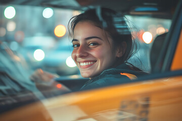 Portrait of a cheerful taxi driver navigating the city streets at night