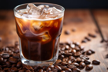 Iced Americano coffee in crystal glass with roasted coffee bean on ground at cafe coffee shop. An iced Americano is made by adding espresso, hot water and ice cubes. 