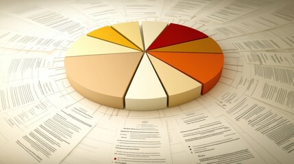Fototapeta premium A 3D pie chart surrounded by documents.