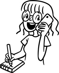 Line Art of a Virtual Assistant Woman, Simple Cartoon Outline for Notion