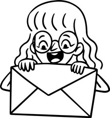 Line Art of a Virtual Assistant Woman Receiving Message, Simple Cartoon Outline for Notion