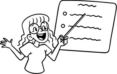 Line Art of a Virtual Assistant Woman Doing Presentation, Simple Cartoon Outline for Notion