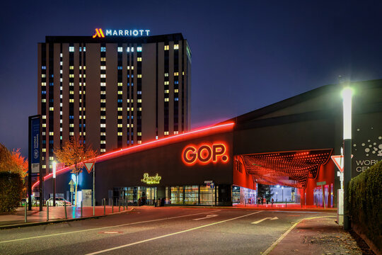 Bonn, Germany November 8 2024: the illuminated GOP Variete Theater with the Leander Restaurant and the Marriott Hotel in the background at dusk