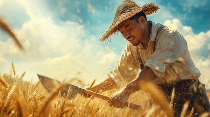 A farmer harvests wheat in a field.