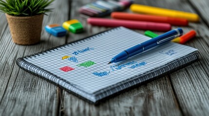Open notebook with blue pen and colorful markers on a wooden table.