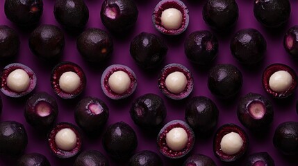 A pattern of whole and halved purple fruits with white seeds on a vibrant purple background.