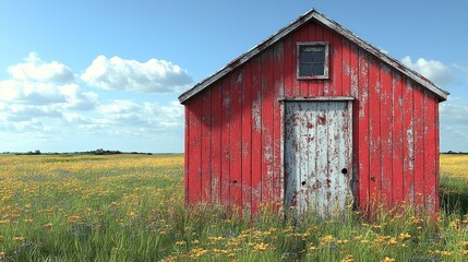 Obraz premium A weathered red barn surrounded by vibrant wildflowers in a field.