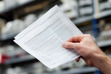 Naklejka premium A person holding printed documents in a warehouse setting.