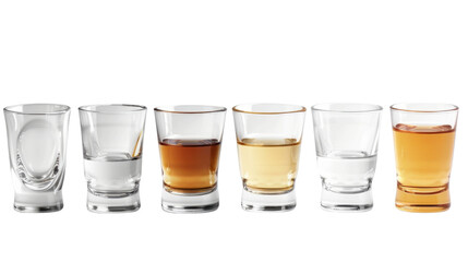 Alcohol in shot glasses on white transparent background
