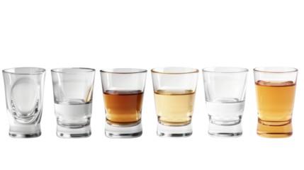 Alcohol in shot glasses on white transparent background






