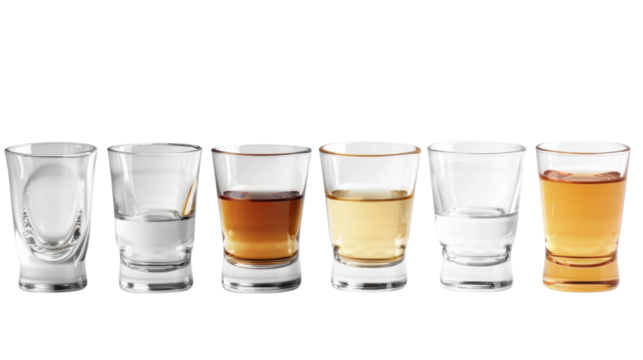 Alcohol in shot glasses on white transparent background






