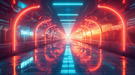 Futuristic neon-lit tunnel with a view of a futuristic city.