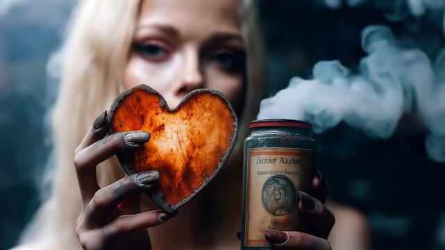 A girl is holding a glowing heart and alchemist potion