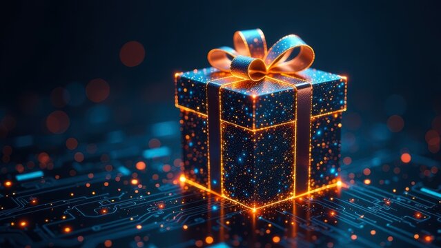 neon blue wrapped gift box with glowing bow against dark circuit board background. digital celebrations, tech gifts, innovative products, Christmas, cyber Monday, high-tech presents concept.