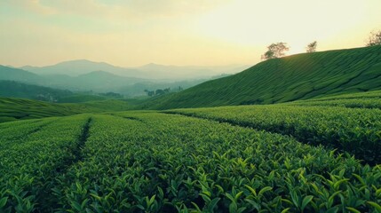 Lush green tea plantation in a valley at sunset.