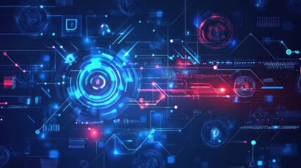 Obraz premium Abstract futuristic digital background with glowing lines, circles, and geometric shapes.