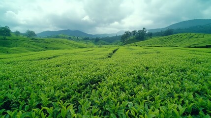 Fototapeta premium Lush green tea plantation on a cloudy day.