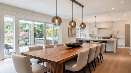 Spacious dining room with a long wooden table, chic pendant lighting, and modern chairs, copy space