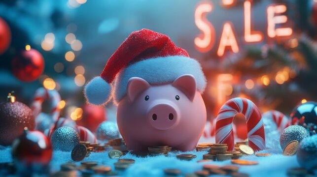 A pink piggy bank with a red and white Santa hat sits on a pile of gold coins with Christmas decorations including red ornaments, candy canes, and a silver bauble.