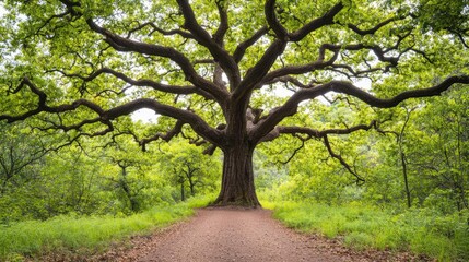 Obraz premium Majestic oak tree with sprawling branches in a lush green forest.