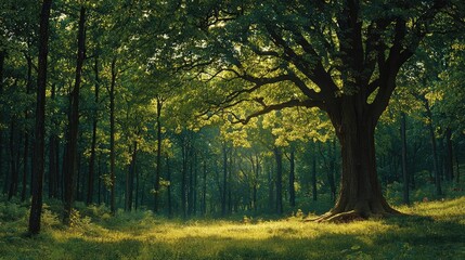 Naklejka premium Majestic tree in a sunlit forest, surrounded by lush greenery and soft light.