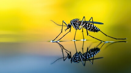 A close-up of a mosquito standing on the surface of a still body of water, reflecting its image.