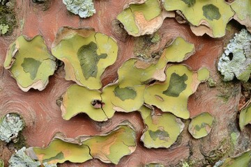 Close-up of textured tree bark with green lichen formations.
