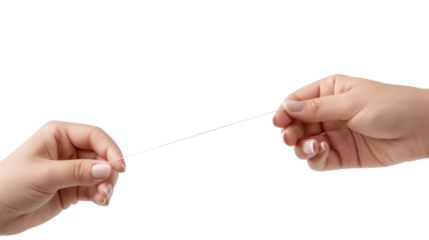 A woman's hand holds or pulls on an invisible thread or string on white transparent background

