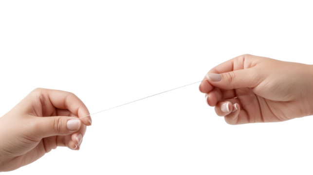 A woman's hand holds or pulls on an invisible thread or string on white transparent background

