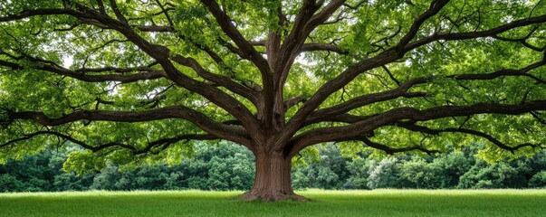 Fototapeta premium Majestic tree with sprawling branches on a lush green field, vibrant foliage.