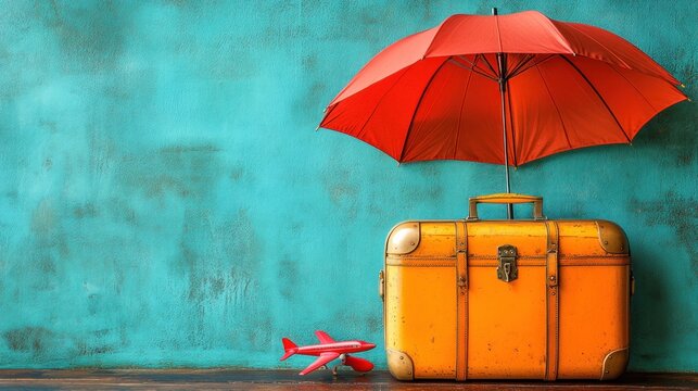 Red umbrella protecting a vintage suitcase and toy airplane. - Powered by Adobe