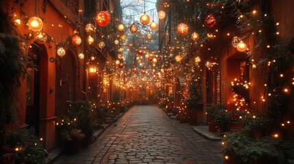 Charming alley adorned with festive lights and lanterns.