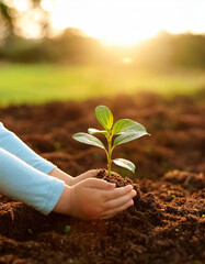 vertical image.  child hand holding young plants with sunlight on green nature background. earth day eco concept