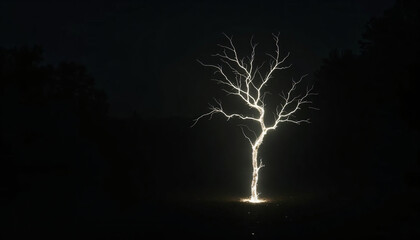 a bare tree lit up at night