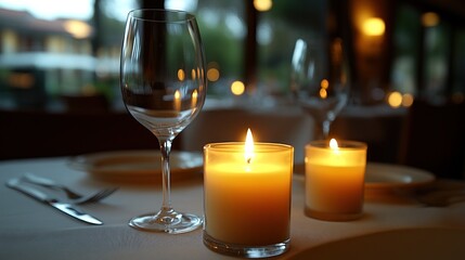 Romantic candlelit dinner table setting with two wine glasses, cutlery, and white tablecloth.