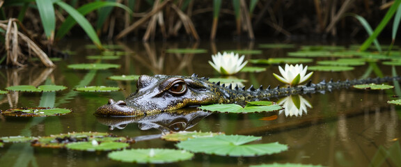 Alligator lurking in pond with water lilies and lily pads