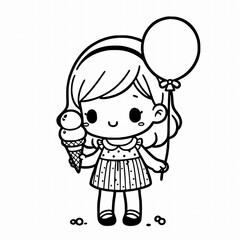 A young child is holding an ice cream cone and a balloon.