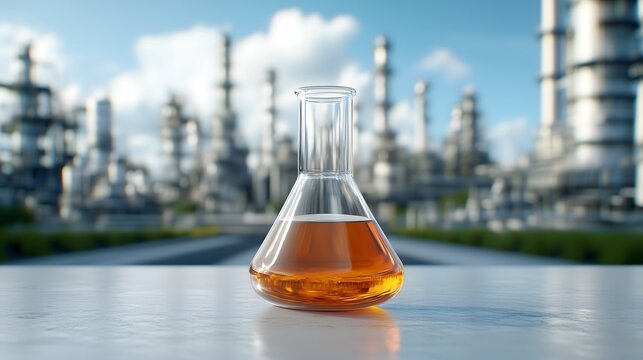 A clear flask containing an oil sample sits on a lab table, showcasing its rich amber color against a backdrop of industrial refinery structures under a blue sky.