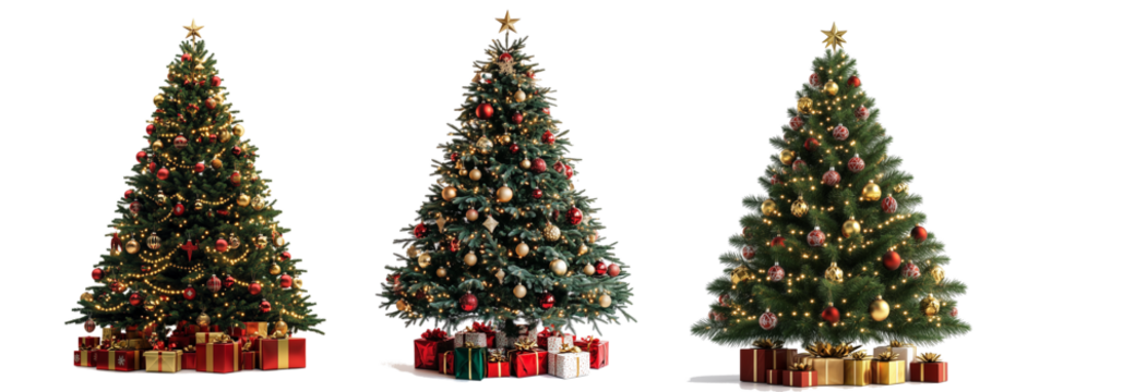 Decorated Christmas tree with big ornaments and lights