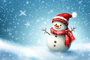 Fototapeta premium Happy snowman wearing red scarf and hat, enjoying snowfall on a winter day, perfect for christmas greeting cards
