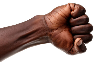A strong man's hand bent into a fist on white transparent background

