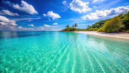 Obraz premium Serene beach with crystal-clear waters , tranquil, idyllic, paradise, peaceful, sandy, sea, ocean, tropical, shore, coastline, vacation