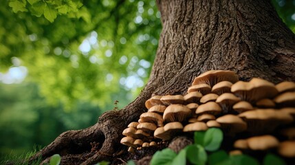Mushrooms growing at the base of a tree in a lush green environment.