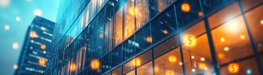 Fototapeta premium Conceptual image of a building with dollar signs, symbolizing the monetary assessment in business acquisition valuation