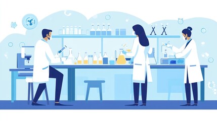 Three scientists in lab coats working in a laboratory, with beakers, flasks, and other lab equipment on the counter.