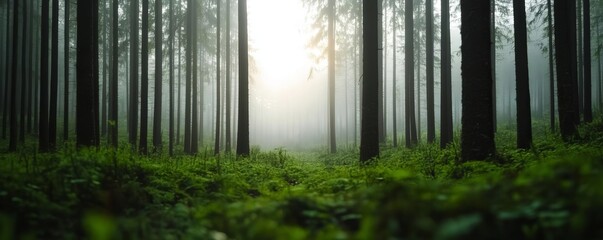 Naklejka premium Foggy morning forest, sunlight breaking through, diffused light, calm